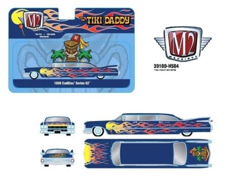 M2 Machines 1:64 Auto-Stretch 1959 Cadillac 62 Stretch Custom Tiki Daddy - Blue Flames - Hobby Exclusive