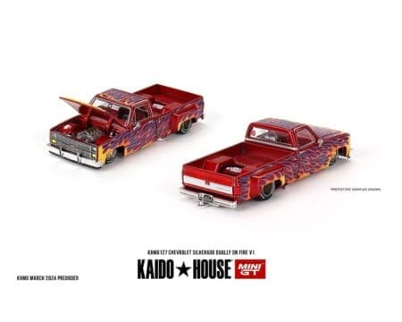 Kaido House x Mini GT 1:64 Chevrolet Silverado Dually on Fire V1 - Red with Flames