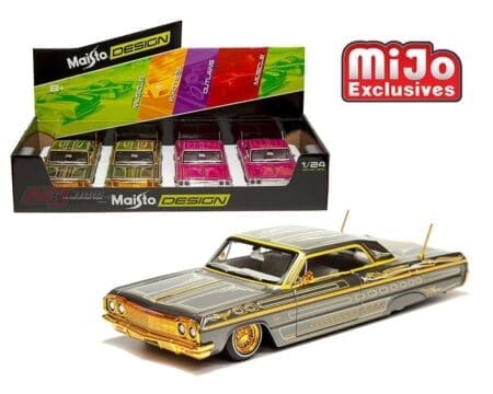 Maisto 1:26 1964 Chevrolet Impala Lowrider - Grey, Pink - Maisto Design Lowriders - MiJo Exclusives - Display Tray Set of 4