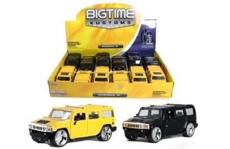 Jada 1:32 Hummer H2 SUV - Black, Yellow - Bigtime Kustoms - Display Tray Set of 12