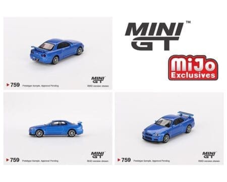 Mini GT 1:64 Nissan Skyline GT-R (R34) V-Spec - Bayside Blue - Mijo Exclusives