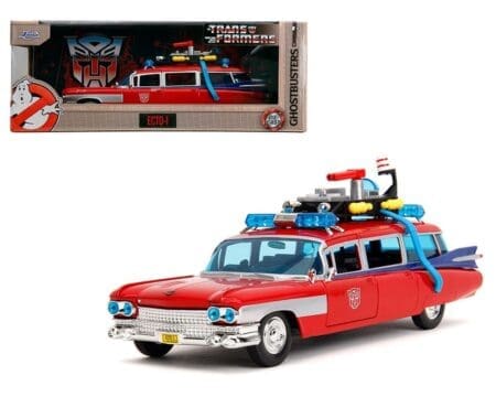 Jada 1:24 Ghostbusters x Transformers Ecto-1 with Optimus Prime Graphics - Red with Autobots Logo - Hollywood Rides