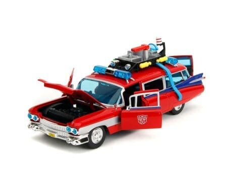 Jada 1:24 Ghostbusters x Transformers Ecto-1 with Optimus Prime Graphics - Red with Autobots Logo - Hollywood Rides - Image 2