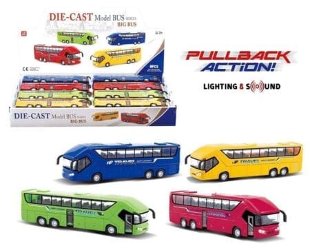 Travel Bus 8" Pull-back Action with Light and Sound - Assorted Colors - Display Tray Set of 8