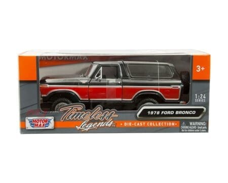 Motormax 1:24 1978 Ford Bronco Ranger XLT Hard Top with Spare Wheel - Black and Red Two-Tone - Timeless Legends