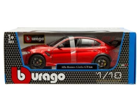 Bburago 1:18 Alfa Romeo Giulia GTAm - Candy Red with Roll Cage, Carbon Fiber Roof, and Aero