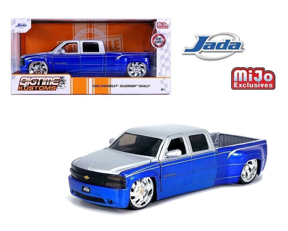 Jada 1 24 1999 Chevrolet Silverado Dually Custom KMC Wheels Two Tone Blue with Silver Bigtime Kustoms MiJo Exclusives M J Toys Inc. Die Cast Distribution Specializing in Die cast Collectibles Since 19...