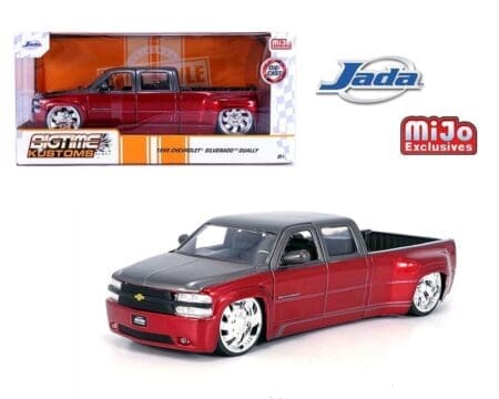 Jada 1:24 1999 Chevrolet Silverado Dually Custom KMC Wheels - Two Tone Red Metallic with Grey - Bigtime Kustoms - MiJo Exclusives