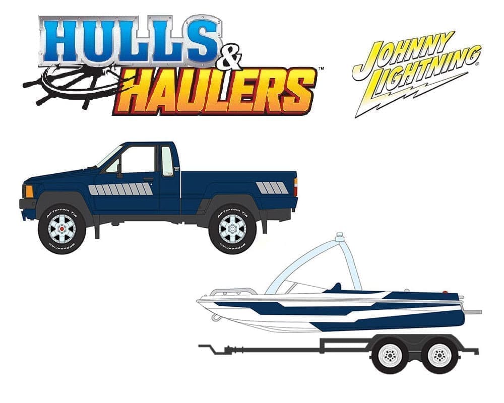 (Preorder) Johnny Lightning 164 Hulls & Haulers 1985 Toyota SR5 Pickup w/Malibu Speed Boat