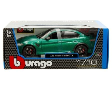 Bburago 1:18 Alfa Romeo Giulia GTA - Green Metallic with Carbon Fiber Roof, Trunk Spoiler, and Aero