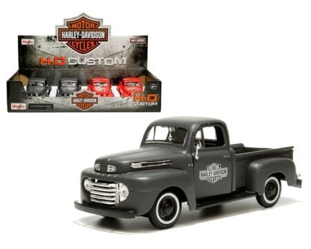 Maisto 1:24 1948 Ford F-1 Pickup truck - Matte Black, Red - Harley-Davidson Custom - Display Tray Set of 4