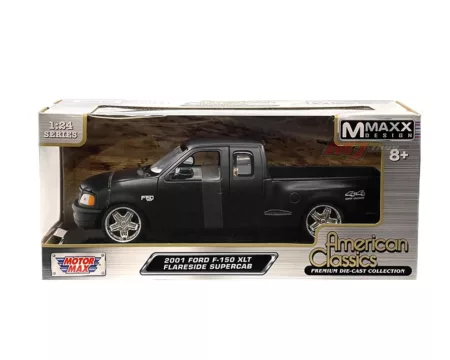 Motormax 1:24 2001 Ford F-150 XLT Flareside Supercab with Custom Wheels - Matte Black - American Classics Mmaxx Design