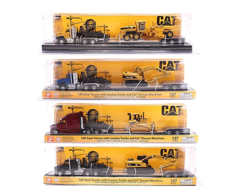Diecast Masters 1:87 Cat Semi Tractor with Lowboy Trailer and Cat Diecast Machines Assortment - Image 3