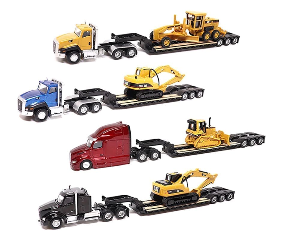 Diecast Masters 1:87 Cat Semi Tractor with Lowboy Trailer and Cat Diecast Machines Assortment - Image 2
