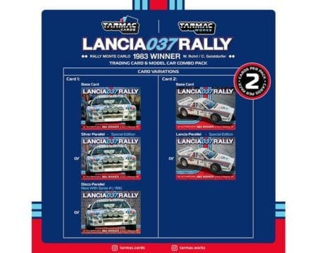 Tarmac Works 1:64 Lancia 037 Rally Rally Monte Carlo 1983 Winner W. Rohrl / C. Geistdorfer with Trading Cards- Hobby64 - Image 2