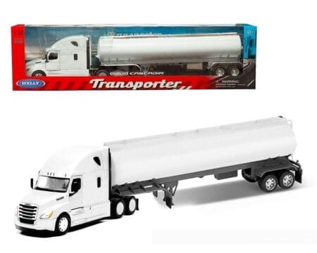 Welly 1:32 Freightliner Cascadia Tanker - White with Plain White Tanker - Transporter