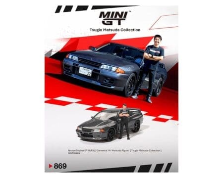 (Preorder) Mini GT 1:64 Nissan Skyline GT-R (R32) Nismo Gunmetal W/ Matsuda Figure - Tsugio Matsuda Collection - Image 2