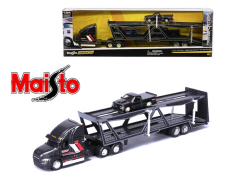 Maisto 1:64 Mack Transporter Open Trailer w/ 1993 Chevrolet 454 SS Pickup - Black - Design Transporters