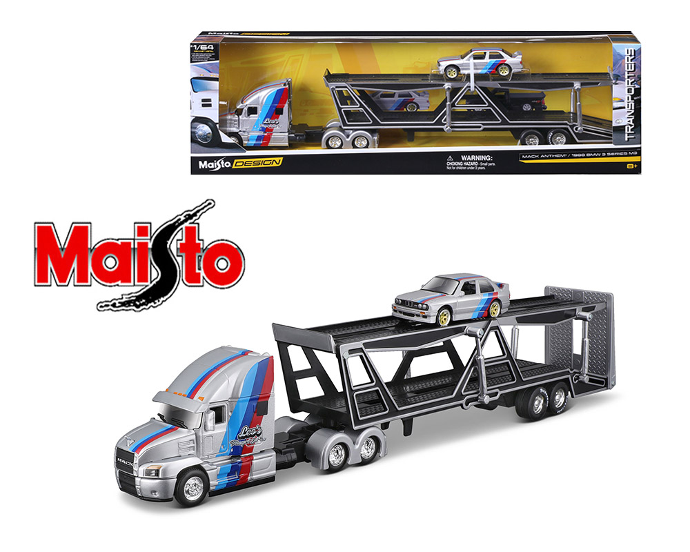 Maisto 1:64 Mack Transporter Open Trailer w/ BMW M3 - Silver