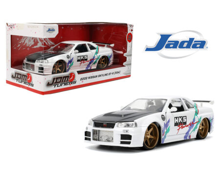 Jada 1:24 2002 Nissan Skyline GT-R (R34) - White with Carbon Fiber Hood and HKS Graphics - JDM Tuners