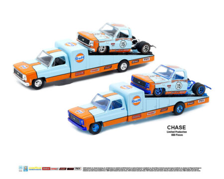 M2 Machines 1:64 Mijo Exclusives Auto-Haulers 1973 Chevrolet C30 Wedge Truck & 1978 Chevrolet Silverado 10 Bedless Gulf Livery - Blue - Limited Edition - Image 2