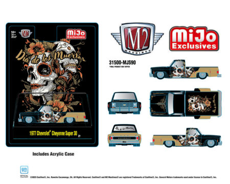 (Preorder) M2 Machines 1:64 1977 Chevrolet Cheyenne Super 30 "Dia De Los Muertos" 2025 - Black Gold - MiJo Exclusives Limited Edition
