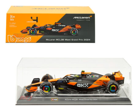 Bburago 1:24 McLaren Formula 1 Team MCL38 Miami Grand Prix 2024 #4 Lando Norris with Acrylic Case - Formula Racing