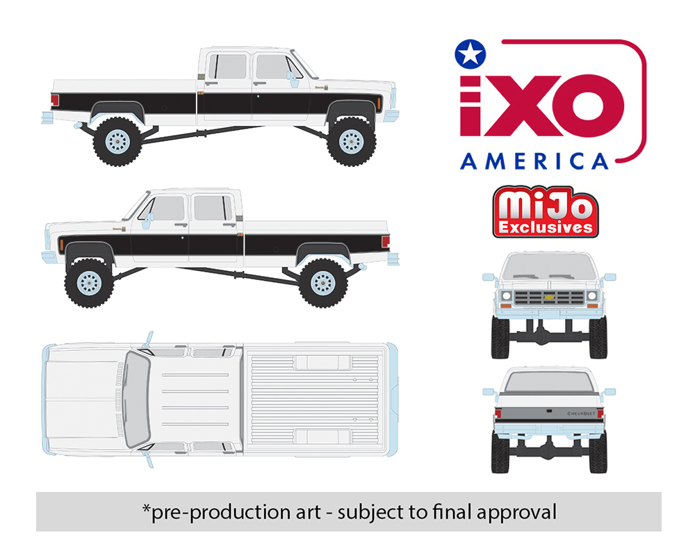 (Preorder) IXO Model 1:64 1978 Chevrolet Silverado K30 Crew Cab Fleetside Lifted - White w/ Black Two Tone - Limited Edition - Mijo Exclusives