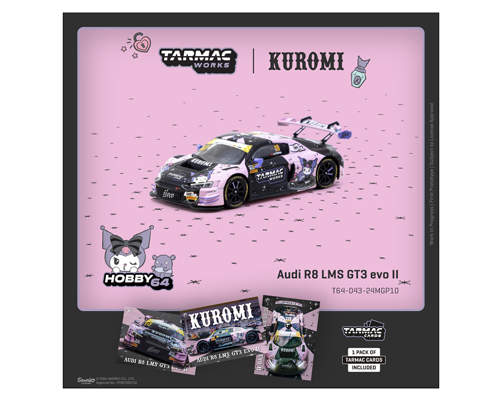 (Preorder) Tarmac Works 1:64 Audi R8 LMS GT3 evo II Kuromi - Uno Racing Macau GT Cup - FIA GT World Cup 2024 - Adderly Fong - Hobby64 & Tarmac Cards