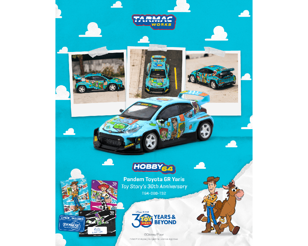 (Preorder) Tarmac Works 1:64 Pandem Toyota GR Yaris Disney Toys Story 30th Anniversary with Trading Card Combo Set