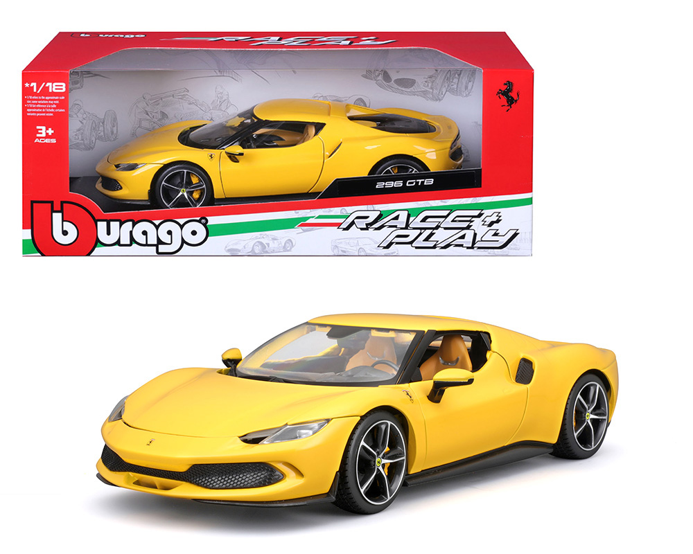 Bburago 1:18 Ferrari 296 GTB - Yellow - Race & Play - M & J Toys 
