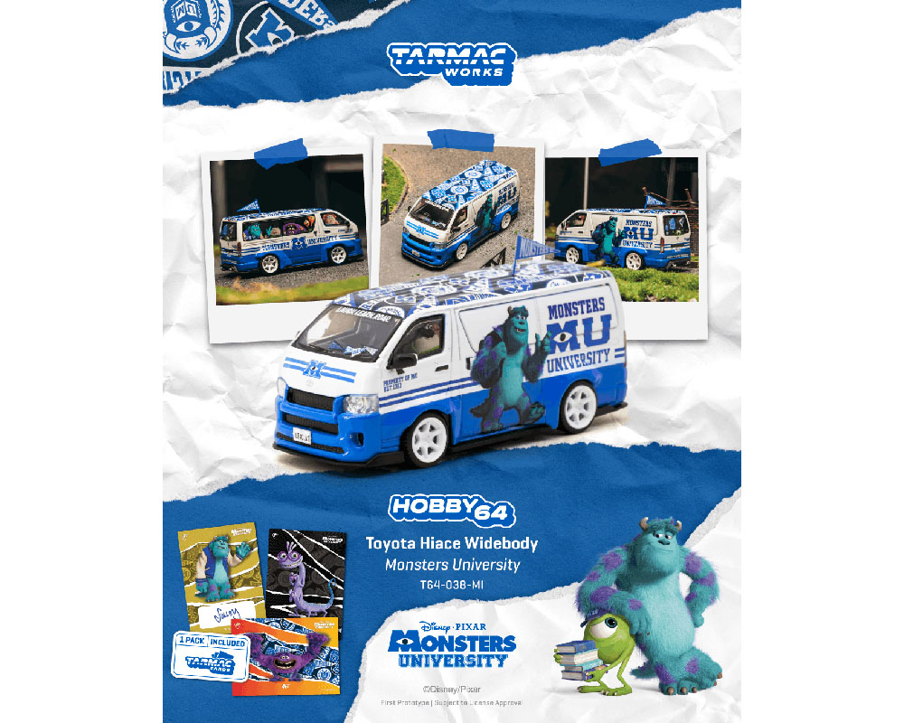 (Preorder) Tarmac Works 1:64 Toyota Hiace Widebody Disney Monster University with Trading Cards - HOBBY64 - Special Edition