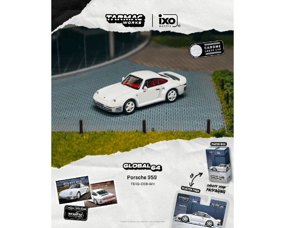 (Preorder) Tarmac Works 1:64 Porsche 959 White Model Car + Trading Cards Combo Set - White - Global64