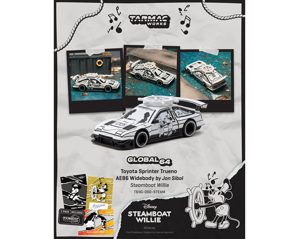 (Preorder) Tarmac Works 1:64 Toyota Sprinter Trueno AE86 Widebody by Jon Sibal Mickey & Friends Steamboat Willie w/ Trading Card Combo Set