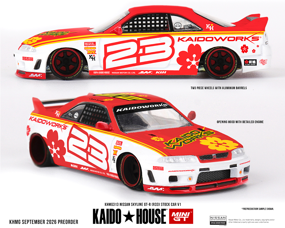 (Preorder) Kaido House x Mini GT Nissan Skyline GT-R (R33) Kaido Stock Car V1 - White w/ Red Two-tone