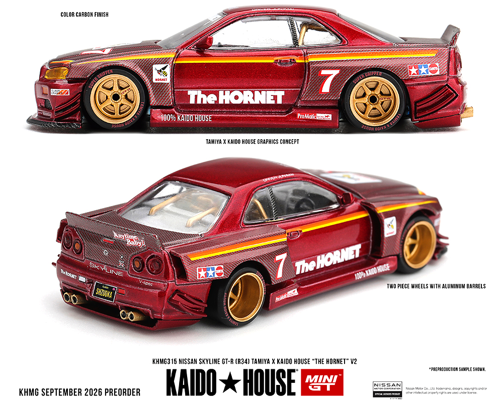 (Preorder) Kaido House x Mini GT Nissan Skyline GT-R (R34) TAMIYA x KAIDO HOUSE "The Hornet" V2 - M. Red Carbon