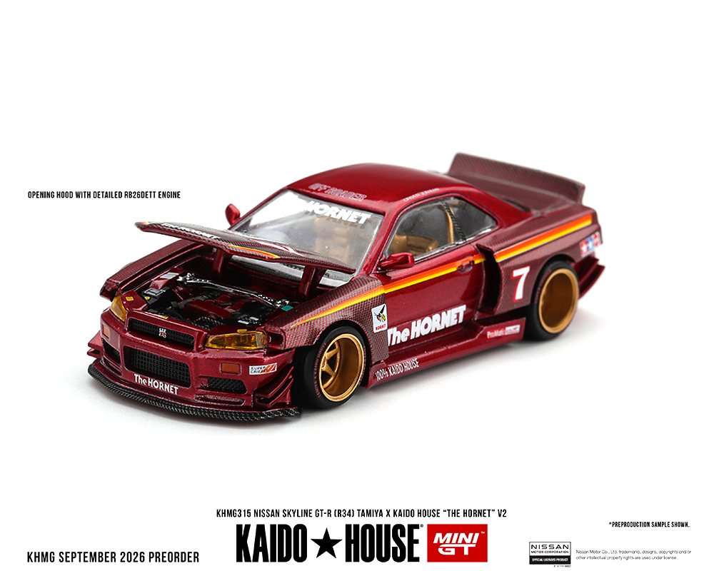 (Preorder) Kaido House x Mini GT Nissan Skyline GT-R (R34) TAMIYA x KAIDO HOUSE "The Hornet" V2 - M. Red Carbon - Image 2