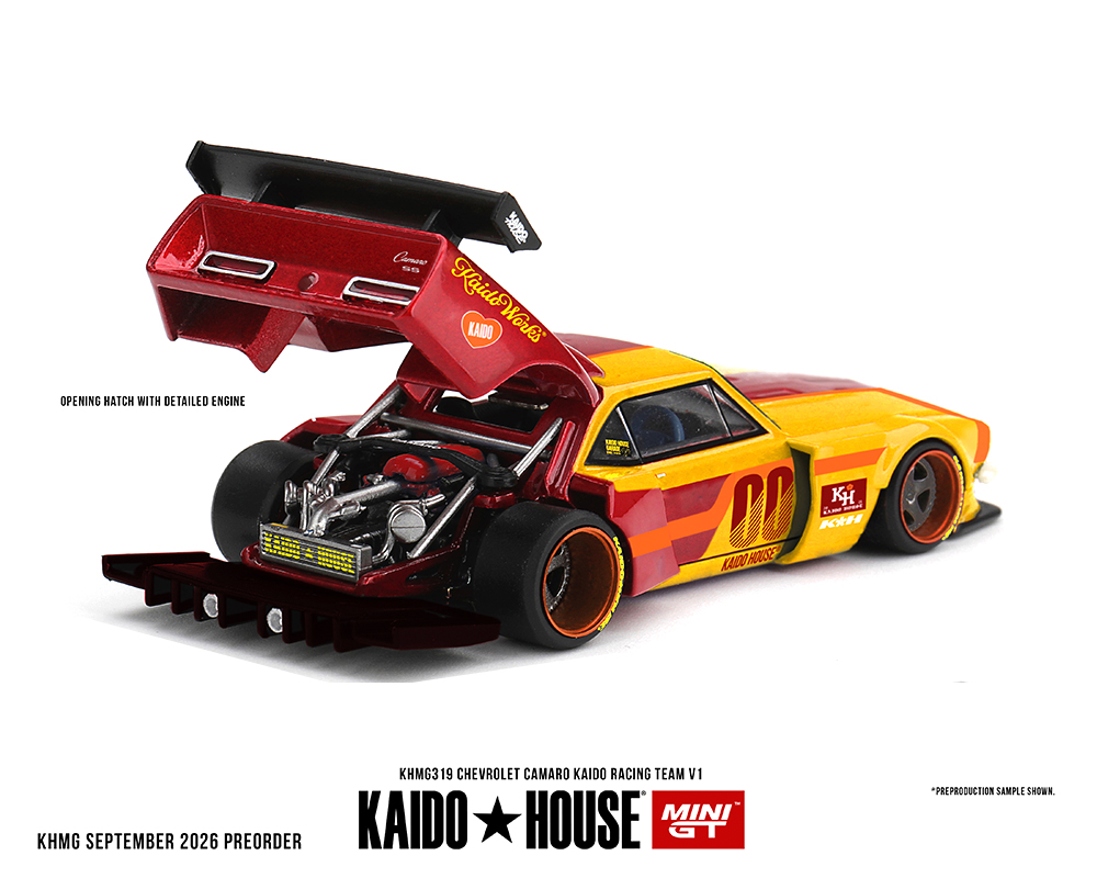 (Preorder) Kaido House x Mini GT Chevrolet Camaro Kaido Racing Team V1- Red with Yellow Two-Tone - Image 2