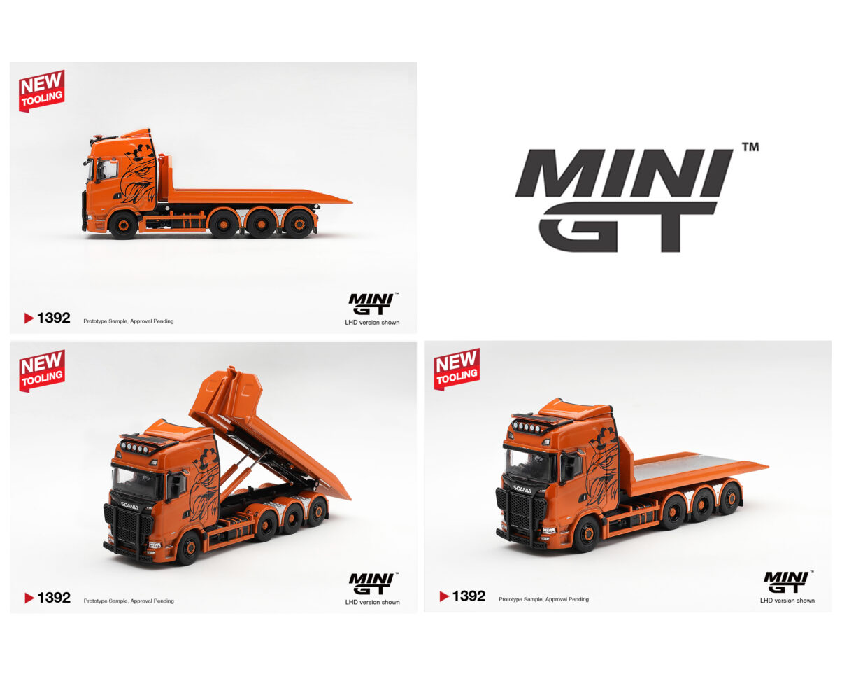 (Preorder) Mini GT 1:64 Scania 770S B8x4NA Hooklift Flatbed Orange- Limited Edition
