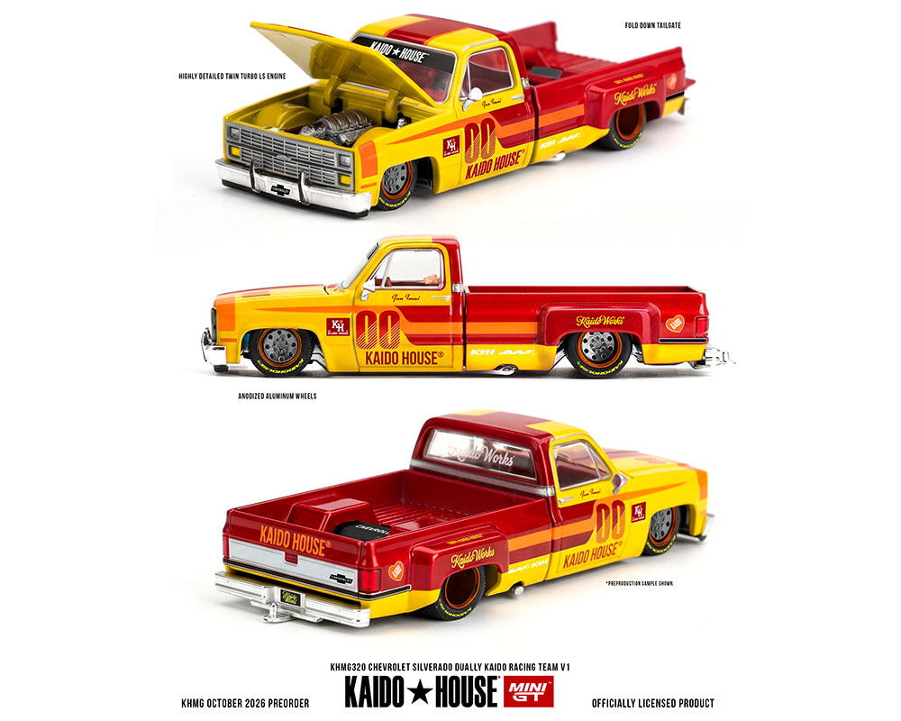 (Preorder) Kaido House x Mini GT Chevrolet Silverado Dually Kaido Racing Team V1 - Yellow Red Two- Tone