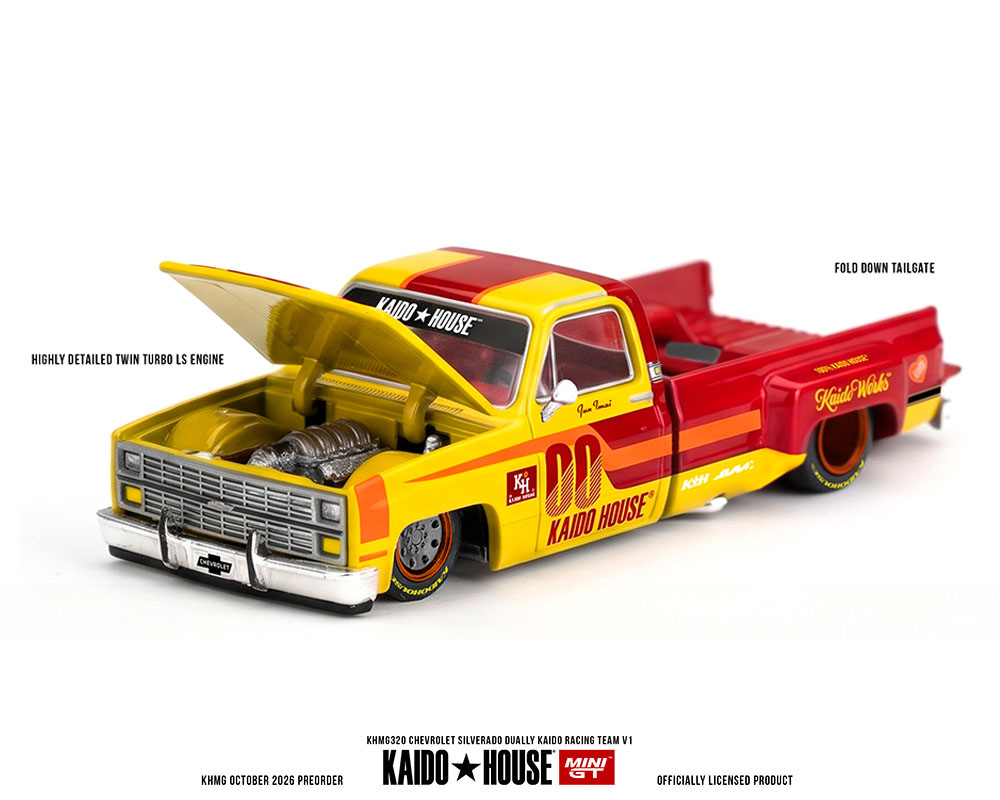 (Preorder) Kaido House x Mini GT Chevrolet Silverado Dually Kaido Racing Team V1 - Yellow Red Two- Tone - Image 2