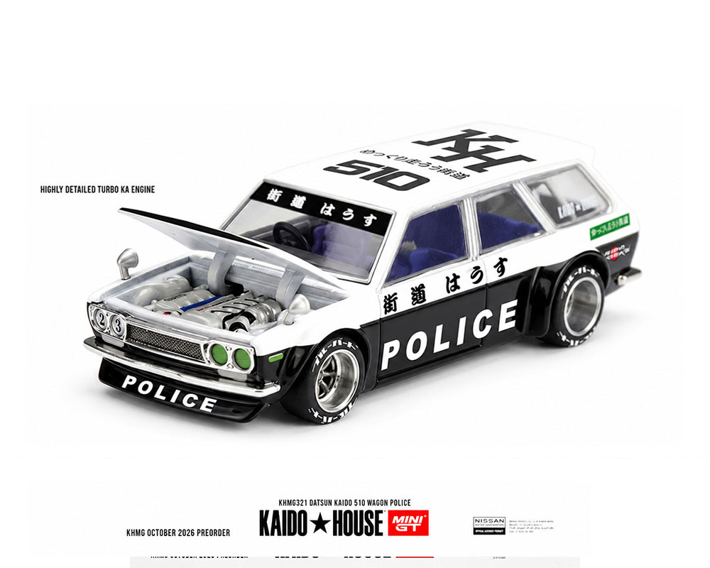 (Preorder) Kaido House x Mini GT Datsun KAIDO 510 Wagon Police - Black White Two-Tone - Image 2