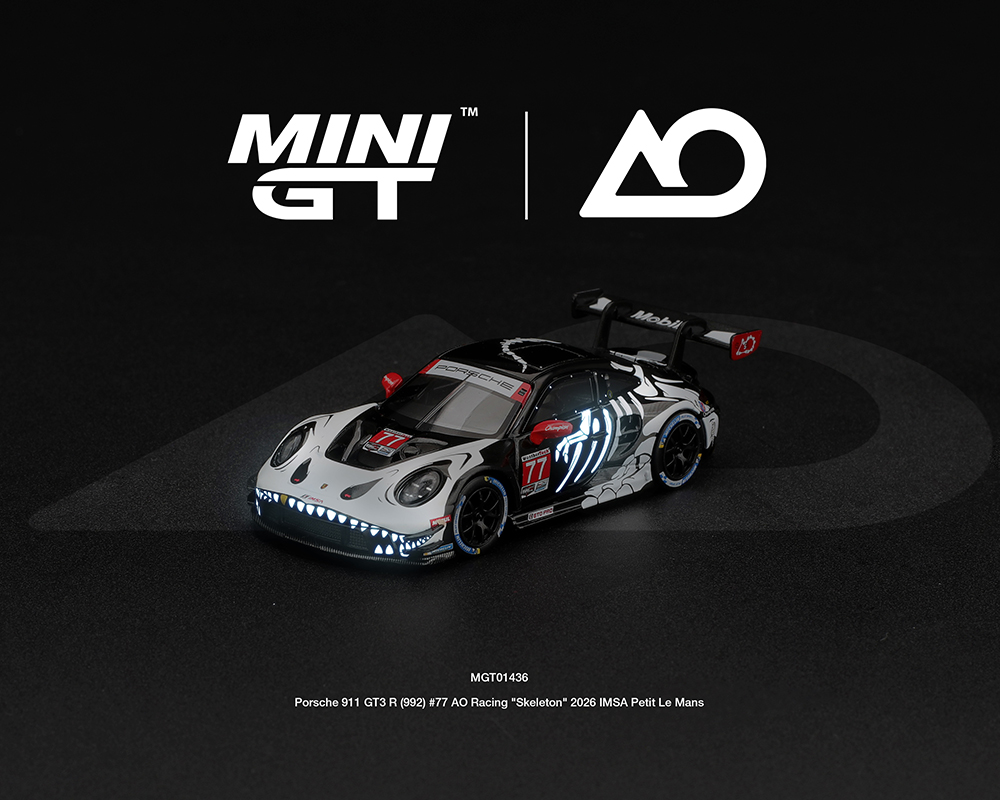 (Preorder) Mini GT 1:64 Porsche 911 GT3 R (992) #77 AO Racing "Skeleton Rexy" 2026 IMSA Petit Le Mans - (Glow in the Dark) - Limited Edition